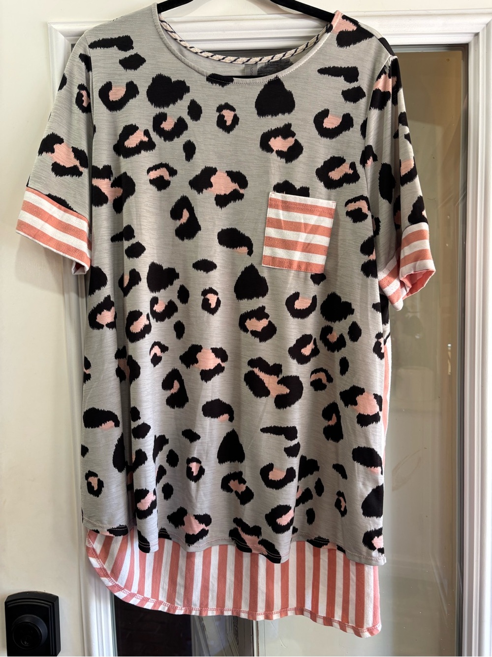Pink Leopard Print Pocket Tee with Striped Hem